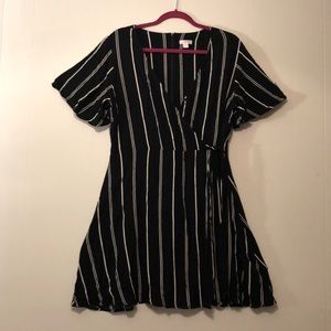 Black and White Striped Faux Wrap Dress Plus Size